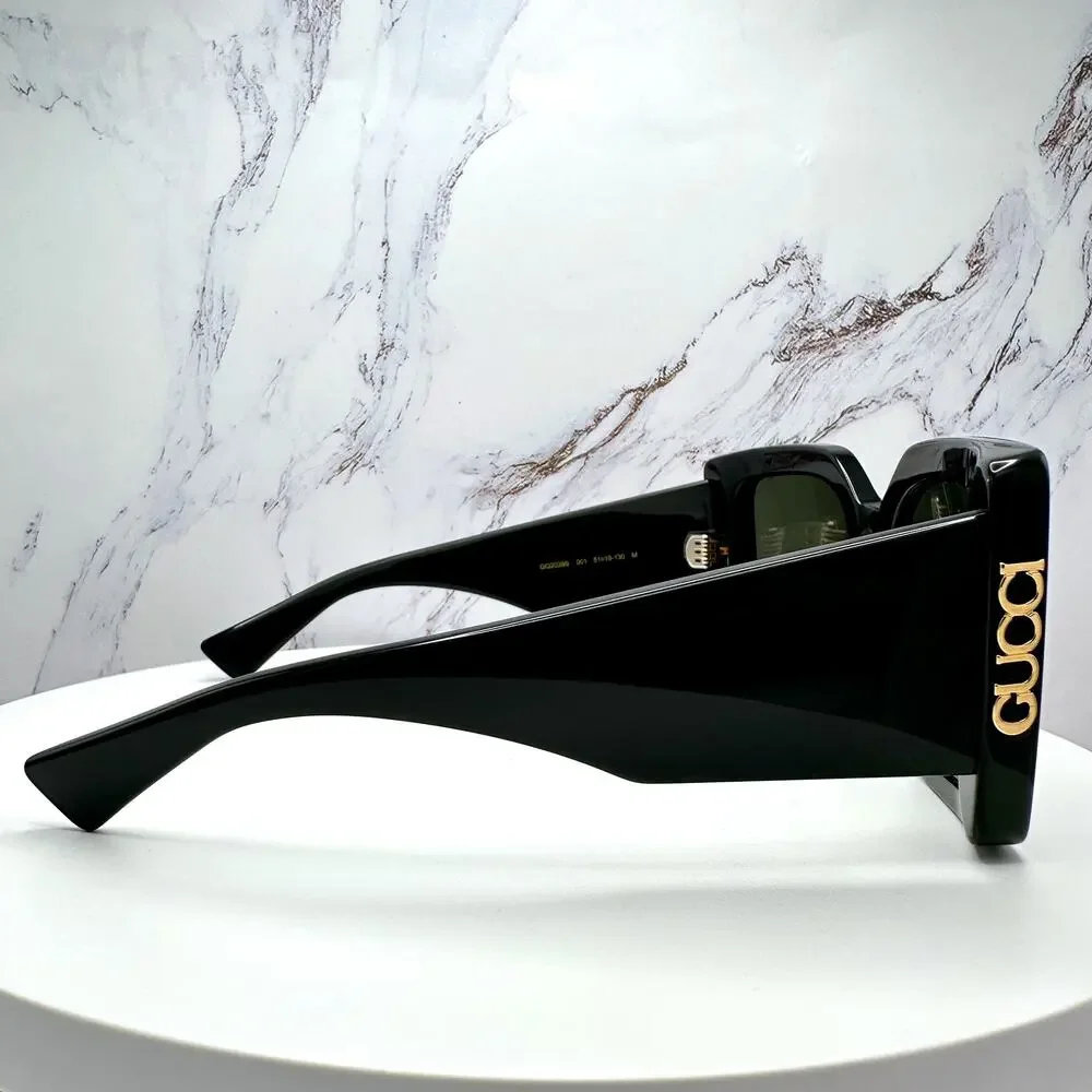 New GUCCI Sunglasses Black Gold Logo Square Oversized 51mm Grey Lens Womens